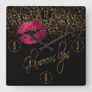 Glamorous Hot Pink Lips and Gold Confetti Quadratische Wanduhr