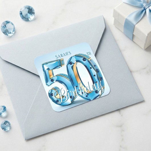 Glamorous Light Blue Jewel 50th Birthday Quadratischer Aufkleber