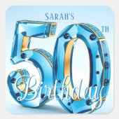 Glamorous Light Blue Jewel 50th Birthday Quadratischer Aufkleber (Vorderseite)