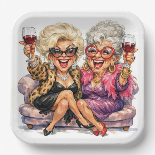 Glamorous Old Ladies With Red Wine Pappteller (Vorderseite)