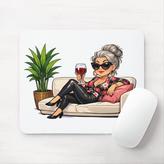 Glamorous Old Lady With Wine Mousepad (Mit Mouse)