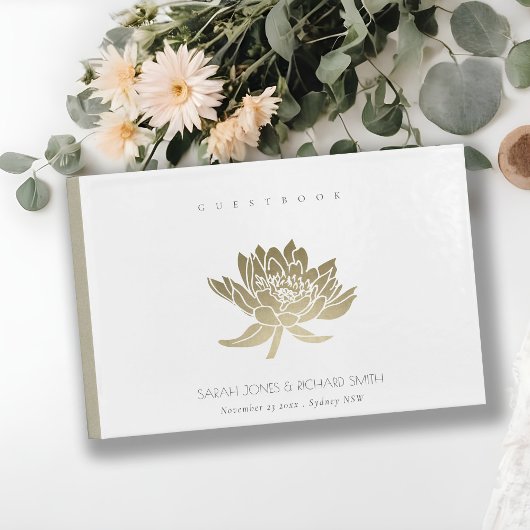 GLAMOROUS PALE GOLD WHITE LOTUS FLORAL MONOGRAMM GÄSTEBUCH
