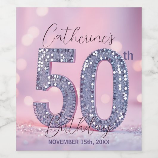 Glamorous Pink Bokeh Silver Sequins 50th Birthday Weinetikett (Einzelnes Label)