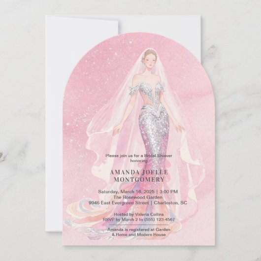 Glamorous Pink Glitter Mermaid Style Bride Dressed Einladung (Vorderseite)