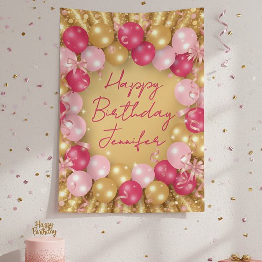 Glamorous Pink Gold Balloons Glitter Birthday Banner