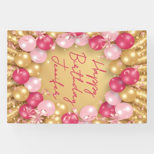 Glamorous Pink Gold Balloons Glitter Birthday Banner (Horizontal)