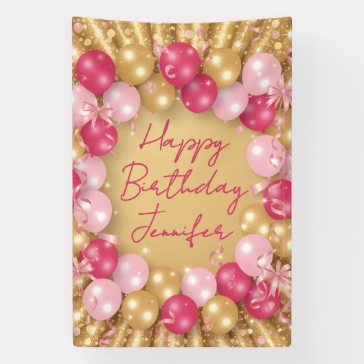 Glamorous Pink Gold Balloons Glitter Birthday Banner (Vertikal)