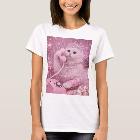 Glamorous Princess Cat Using Pink Telephone T-Shirt (Vorderseite)