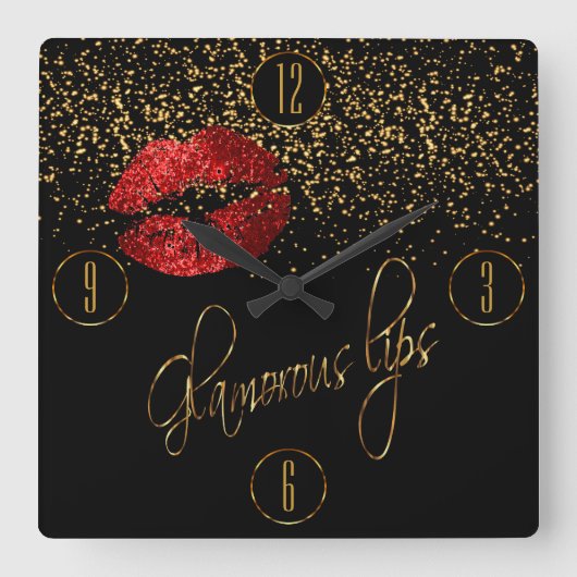 Glamorous Red Lips and Gold Confetti Quadratische Wanduhr (Vorderseite)