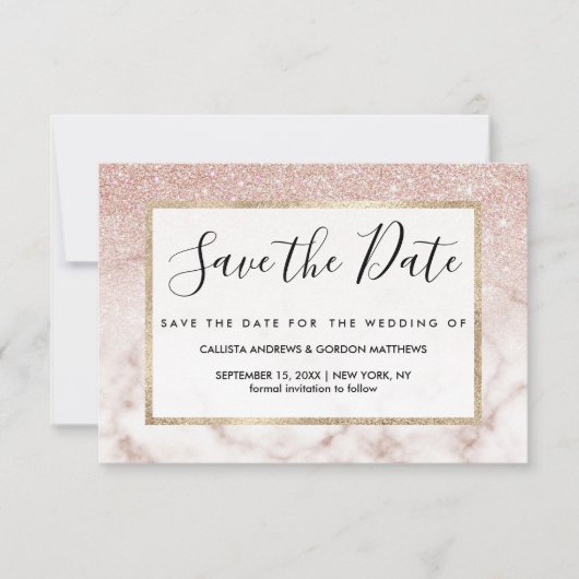 Glamorous Rose Gold White Glitter Marble Gradient Save The Date (Vorderseite)