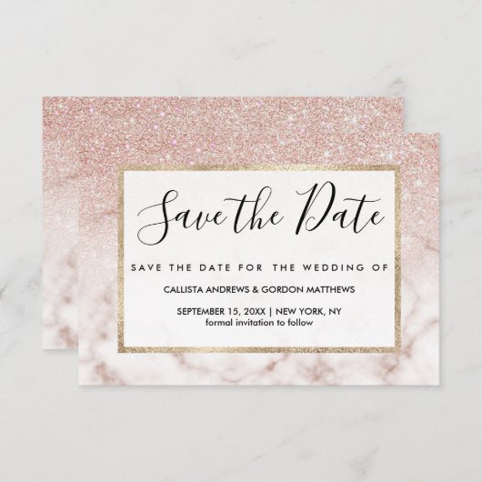 Glamorous Rose Gold White Glitter Marble Gradient Save The Date (Vorne/Hinten)