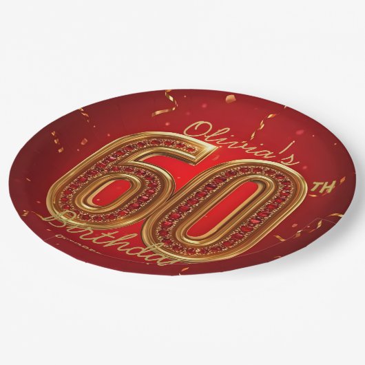 Glamorous Ruby Gemstone Gold 60th Birthday Party Pappteller (Schrägansicht)