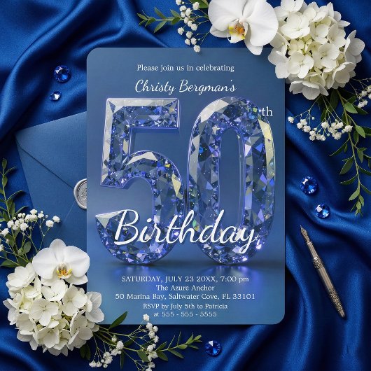 Glamorous Sapphire Blue Diamond 50th Birthday Einladung