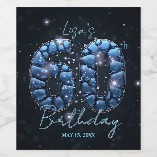 Glamorous Sapphire Blue Mosaic Gems 60th Birthday Weinetikett (Einzelnes Label)