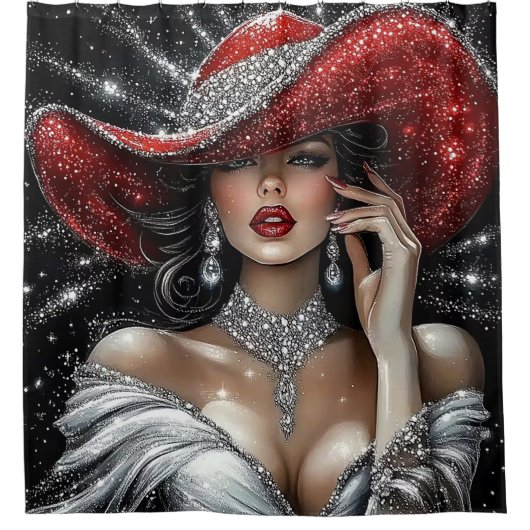 Glamorous Sparkle Lady in Red Hat Duschvorhang (Vorderseite)