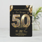 Glamorous Sparkly Black and Gold 50th Birthday Einladung (Stehend Vorderseite)