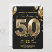 Glamorous Sparkly Black and Gold 50th Birthday Einladung (Vorderseite)