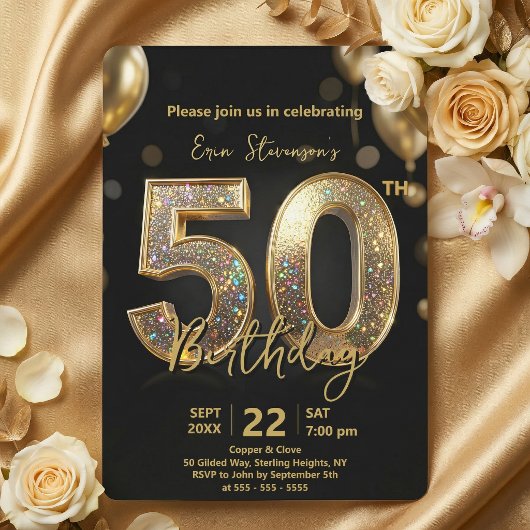 Glamorous Sparkly Black and Gold 50th Birthday Einladung