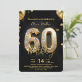 Glamorous Sparkly Black and Gold 60th Birthday Einladung (Stehend Vorderseite)