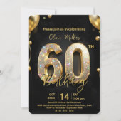 Glamorous Sparkly Black and Gold 60th Birthday Einladung (Vorderseite)