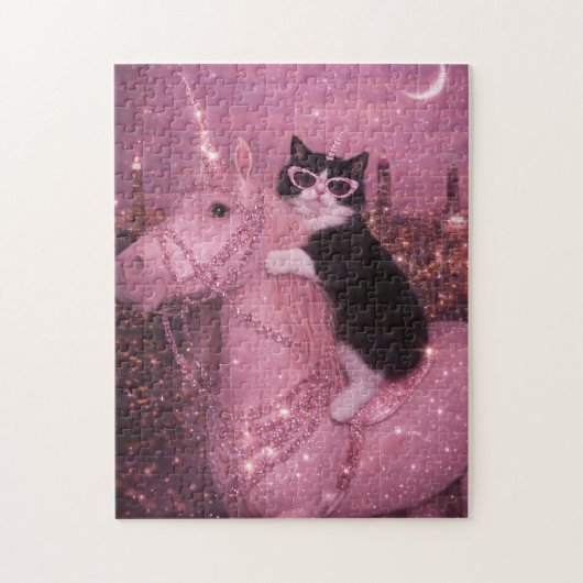 Glamorous Unicorn Cat Under Sparkling City         Puzzle (Vertikal)