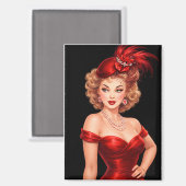 Glamorous Vintage Pin-Up in Red Hat & Satin Dress Magnet (Vorderseite/Rückseite)