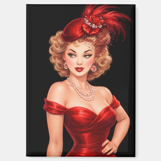 Glamorous Vintage Pin-Up in Red Hat & Satin Dress Magnet (Vorderseite)
