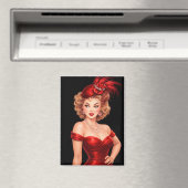 Glamorous Vintage Pin-Up in Red Hat & Satin Dress Magnet (In Situ (Geschirrspüler))