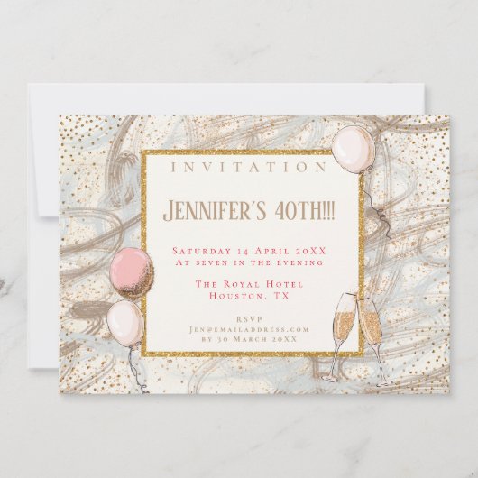 Glamour 40. Party Gold Confetti Flutes Balloons Einladung (Vorderseite)