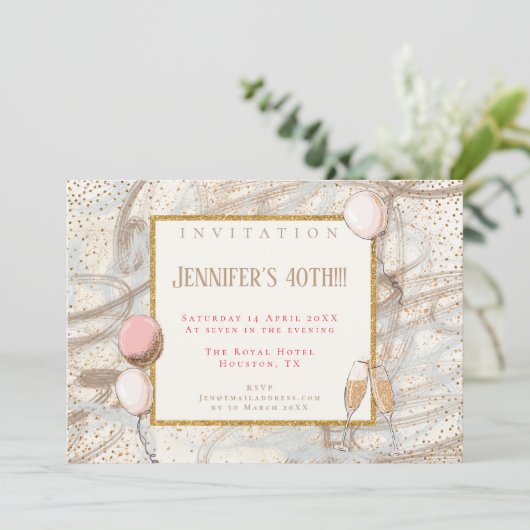 Glamour 40. Party Gold Confetti Flutes Balloons Einladung (Stehend Vorderseite)