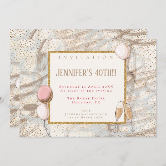 Glamour 40. Party Gold Confetti Flutes Balloons Einladung (Vorne/Hinten)