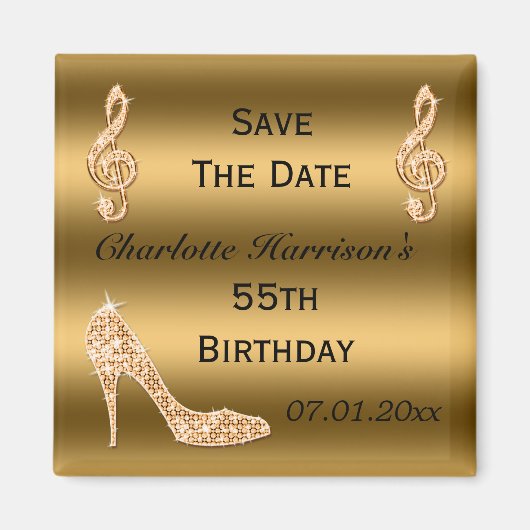 Glamour 55. Save the Date Gold Stiletto Magnet (Vorne)