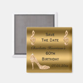 Glamour 60. Save the Date Gold Stiletto Magnet (Vorderseite/Rückseite)
