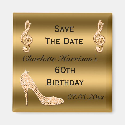 Glamour 60. Save the Date Gold Stiletto Magnet (Vorne)