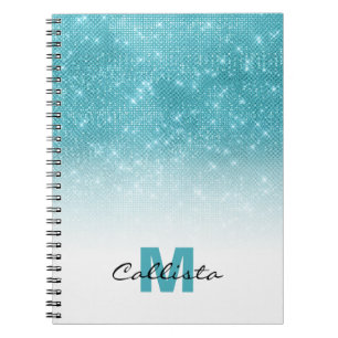 Glamour Aqua Blue Glitzer Sequin Ombre Monogram Notizblock