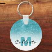 Glamour Aqua Blue Glitzer Sequin Ombre Monogram Schlüsselanhänger (Vorderseite)
