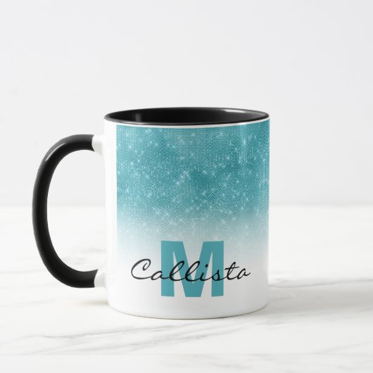 Glamour Aqua Blue Glitzer Sequin Ombre Monogram Tasse (Links)