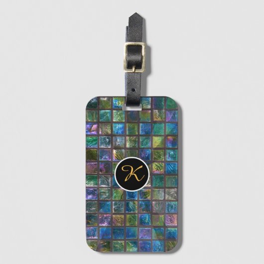 Glamour Aqua Tiles Custom Monogram Gepäckanhänger (Vorderseite Vertikal)