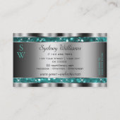 Glamour Aquamarin Glitzer Stars Monogram Silver De Visitenkarte (Rückseite)