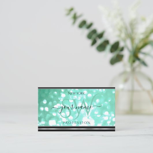 Glamour Aquamariner Glitzer Initials Black Silver Visitenkarte (Stehend Vorderseite)