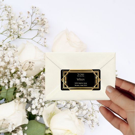 Glamour Art Deco Gold Black Wedding Address Adressaufkleber