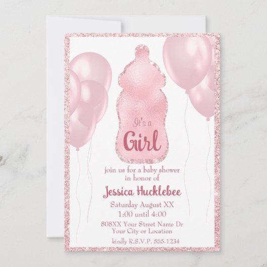 Glamour Baby Bottle und Balloons Pink Glitzer Einladung (Vorderseite)