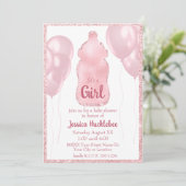 Glamour Baby Bottle und Balloons Pink Glitzer Einladung (Stehend Vorderseite)