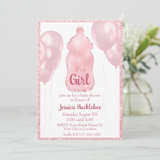 Glamour Baby Bottle und Balloons Pink Glitzer Einladung (Stehend Vorderseite)