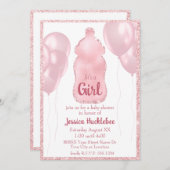 Glamour Baby Bottle und Balloons Pink Glitzer Einladung (Vorne/Hinten)