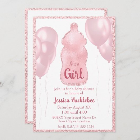 Glamour Baby Bottle und Balloons Pink Glitzer Einladung (Vorne/Hinten)