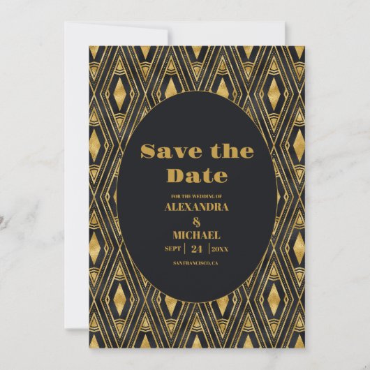 Glamour Black and Gold Art Deco Hochzeit Save The Date (Vorderseite)