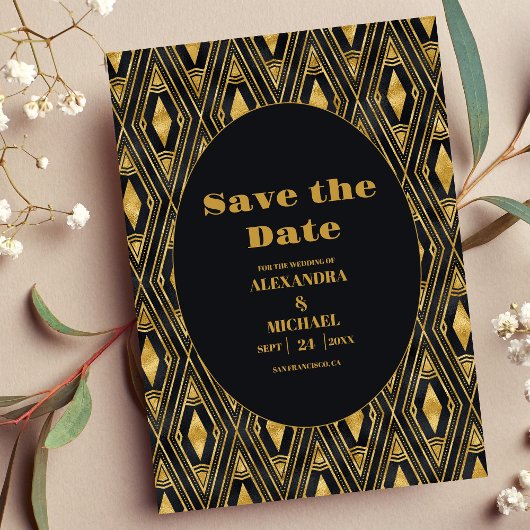 Glamour Black and Gold Art Deco Hochzeit Save The Date