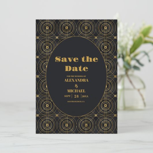 Glamour Black and Gold Art Deco Hochzeit Save The Date (Stehend Vorderseite)
