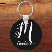 Glamour Black and White Script Monogram Name Schlüsselanhänger (Vorderseite)